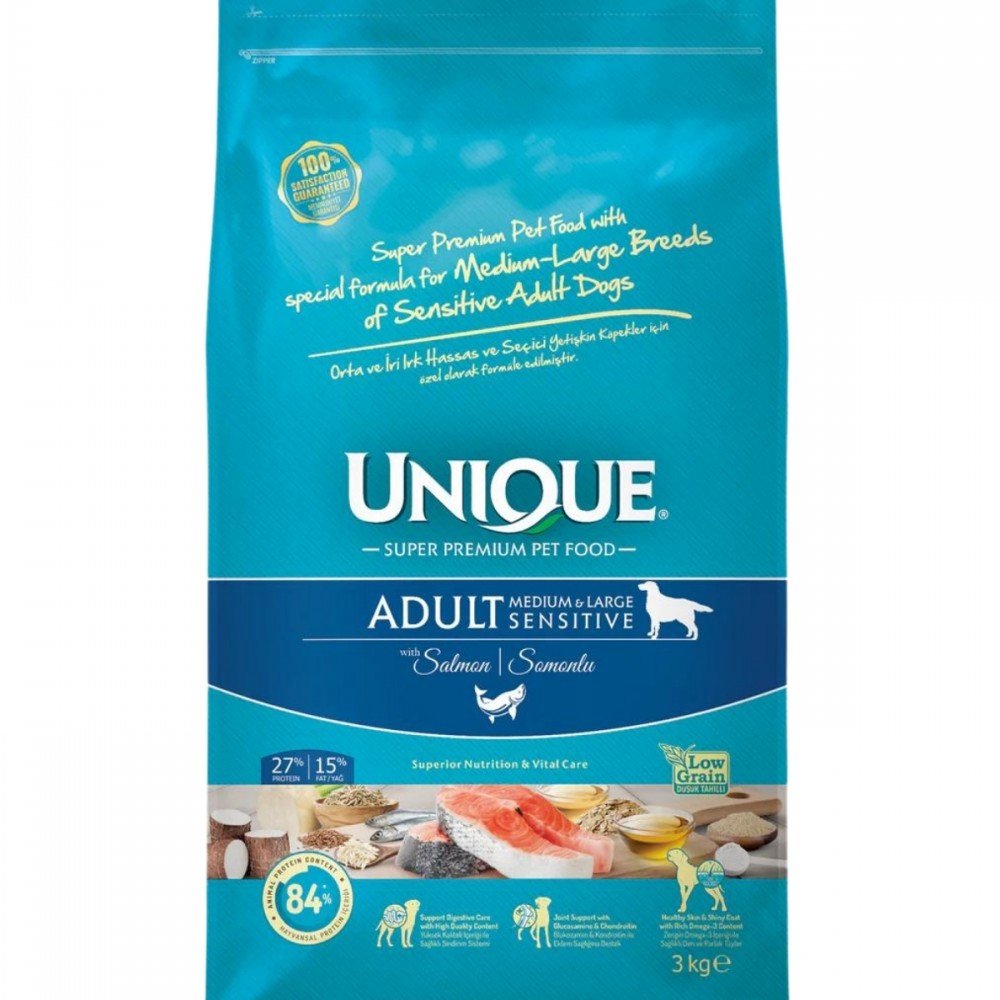 Unique Sensitive Orta ve İri Irk Yetişkin Köpek Maması Somonlu 3 kg