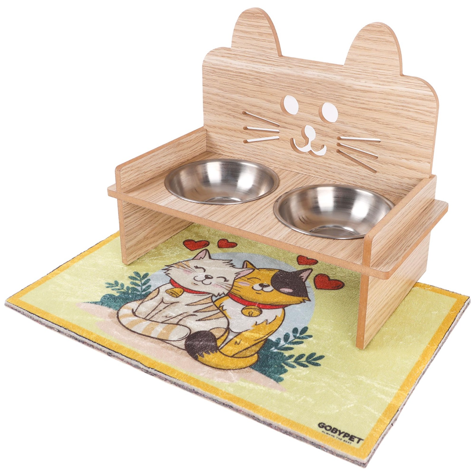 ARB AHŞAP İKİLİ SABİT KEDİ FİGÜRLÜ MAMA KABI